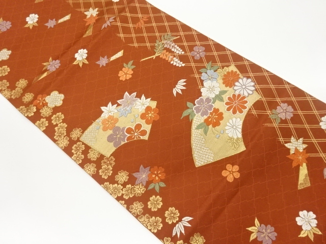 地紙に花葉模様織出し袋帯